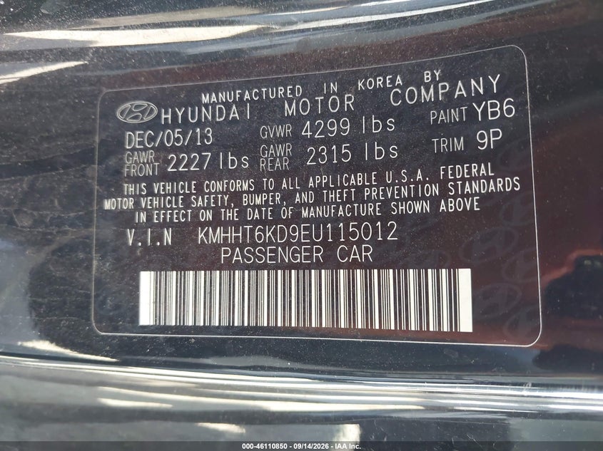 HYUNDAI GENESIS 2014 VIN KMHHT6KD9EU115012