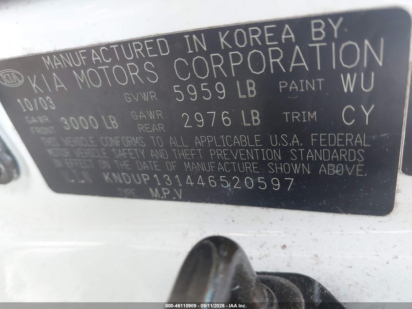 KIA SEDONA 2004 VIN KNDUP131446520597