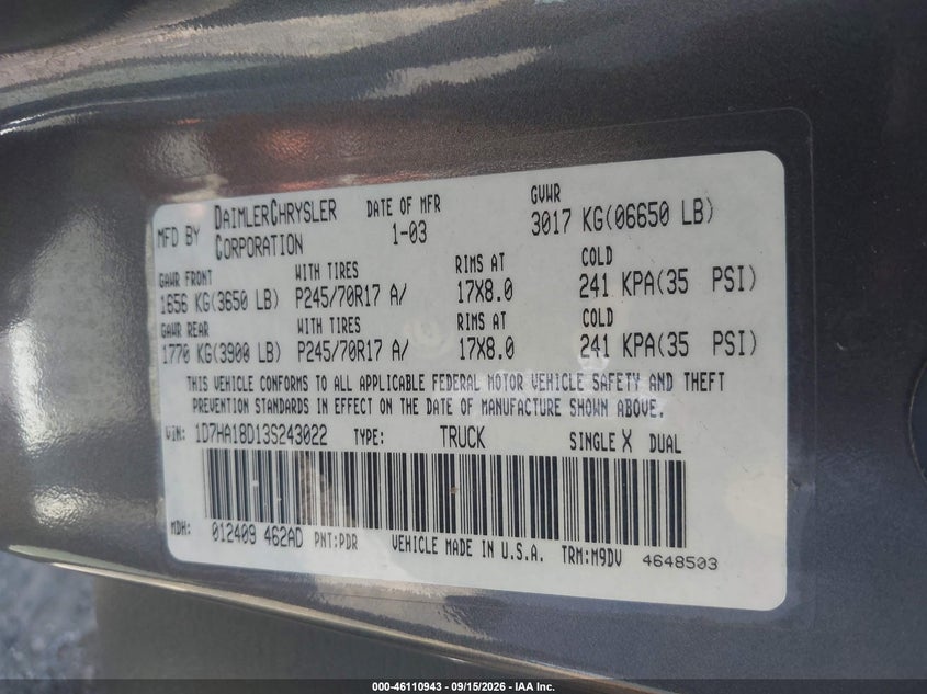 DODGE RAM 1500 2003 VIN 1D7HA18D13S243022