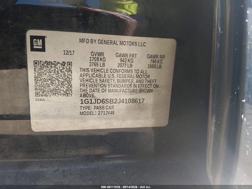 CHEVROLET SONIC 2018 VIN 1G1JD6SB2J4108617