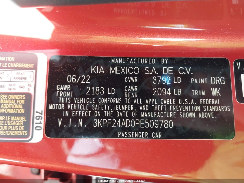 KIA FORTE 2023 VIN 3KPF24AD0PE509780