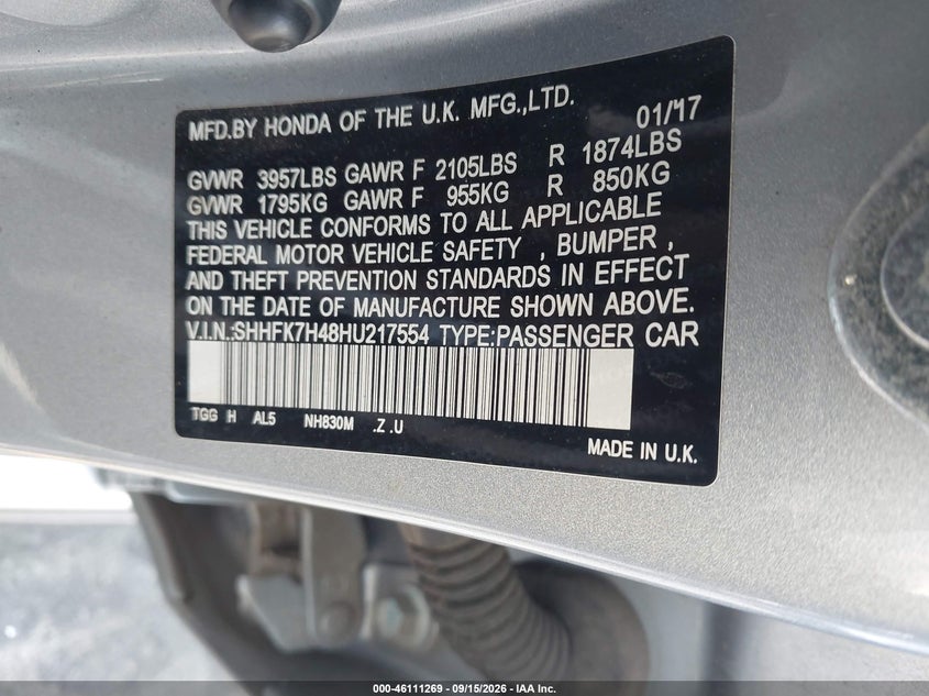 HONDA CIVIC 2017 VIN SHHFK7H48HU217554