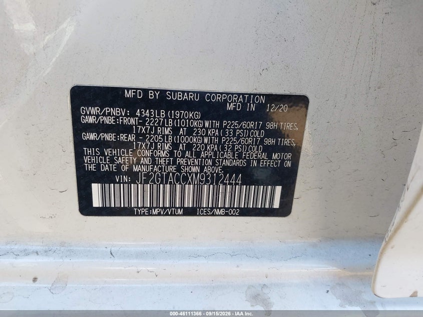 SUBARU CROSSTREK 2021 VIN JF2GTACCXM9312444