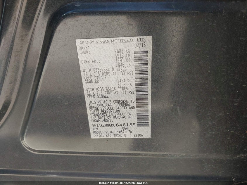 NISSAN PATHFINDER 2013 VIN 5N1AR2MN6DC646185