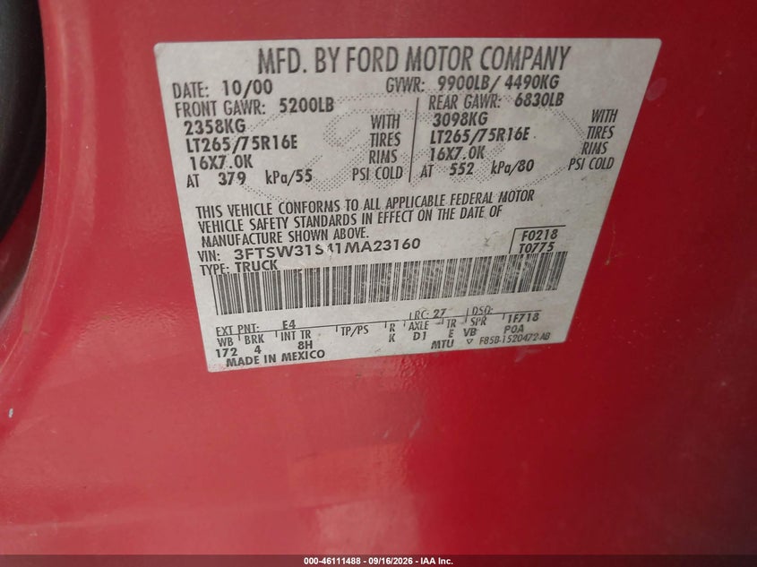 FORD F-350 2001 VIN 3FTSW31S41MA23160