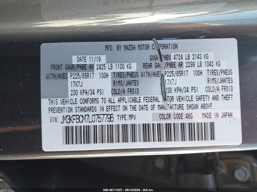 MAZDA CX-5 2020 VIN JM3KFBCM7L0757796