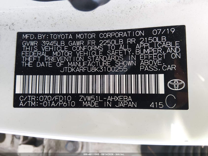 TOYOTA PRIUS 2019 VIN JTDKARFU8K3100255
