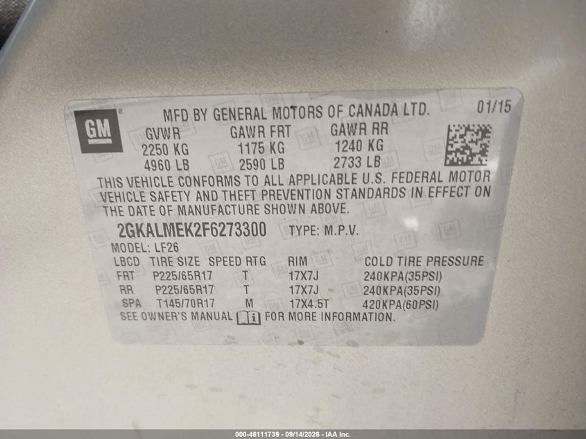 GMC TERRAIN 2015 VIN 2GKALMEK2F6273300