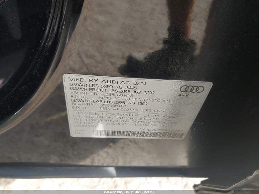 AUDI Q5 2015 VIN WA1LFAFP9FA030553