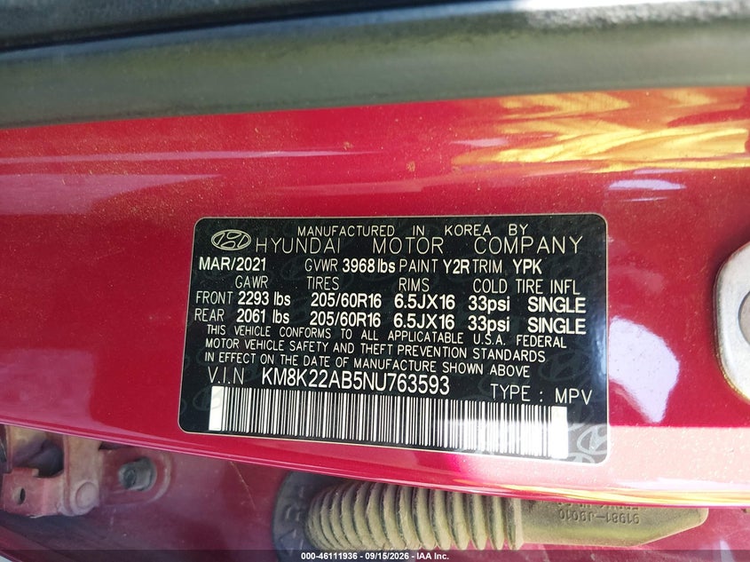 HYUNDAI KONA 2022 VIN KM8K22AB5NU763593