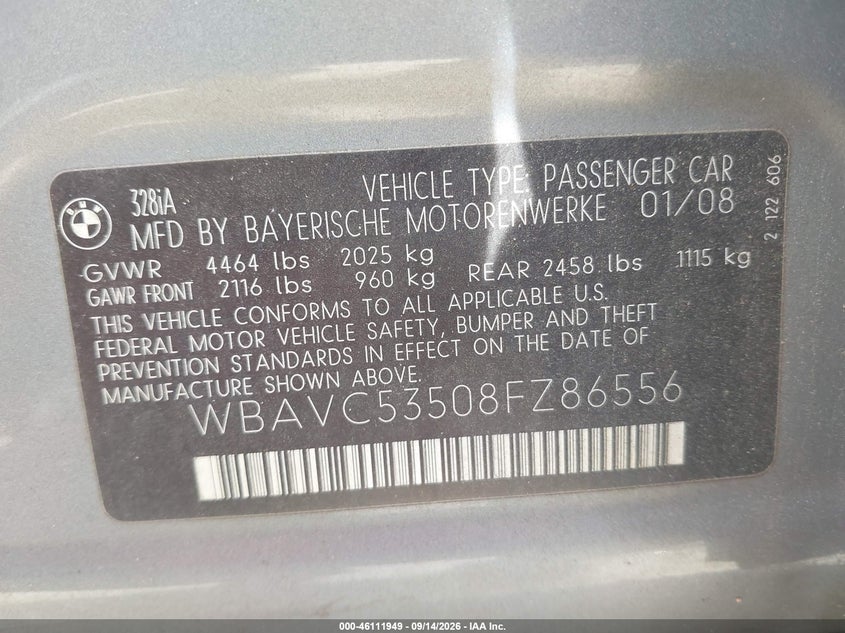 BMW 328I 2008 VIN WBAVC53508FZ86556