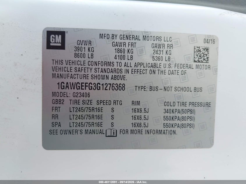 CHEVROLET EXPRESS 2500 2016 VIN 1GAWGEFG3G1276368