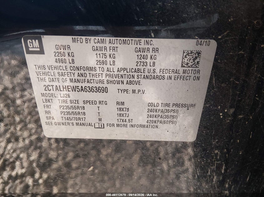 GMC TERRAIN 2010 VIN 2CTALHEW5A6363690