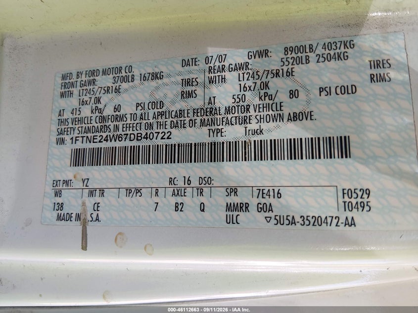 FORD E-250 2007 VIN 1FTNE24W67DB40722