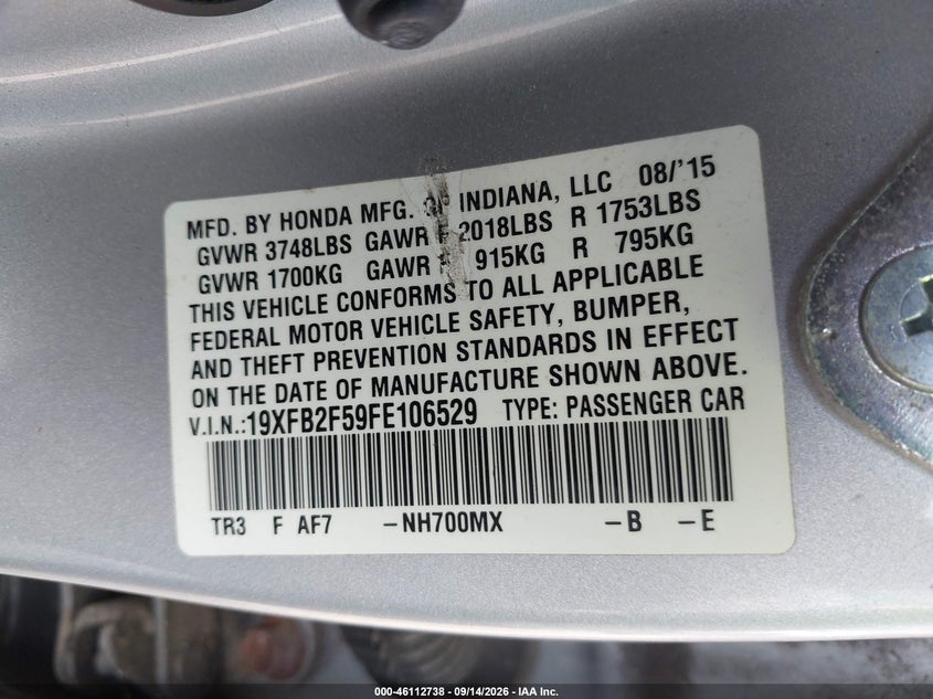 HONDA CIVIC 2015 VIN 19XFB2F59FE106529