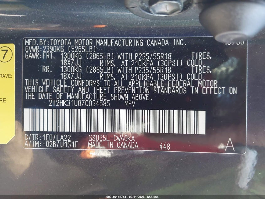 LEXUS RX 350 2007 VIN 2T2HK31U87C034585