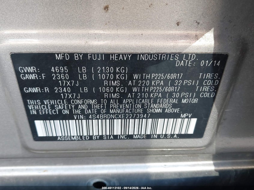 SUBARU OUTBACK 2014 VIN 4S4BRDNCXE2273947