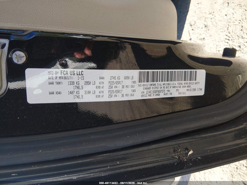 CHRYSLER TOWN & COUNTRY 2015 VIN 2C4RC1BG8FR697575