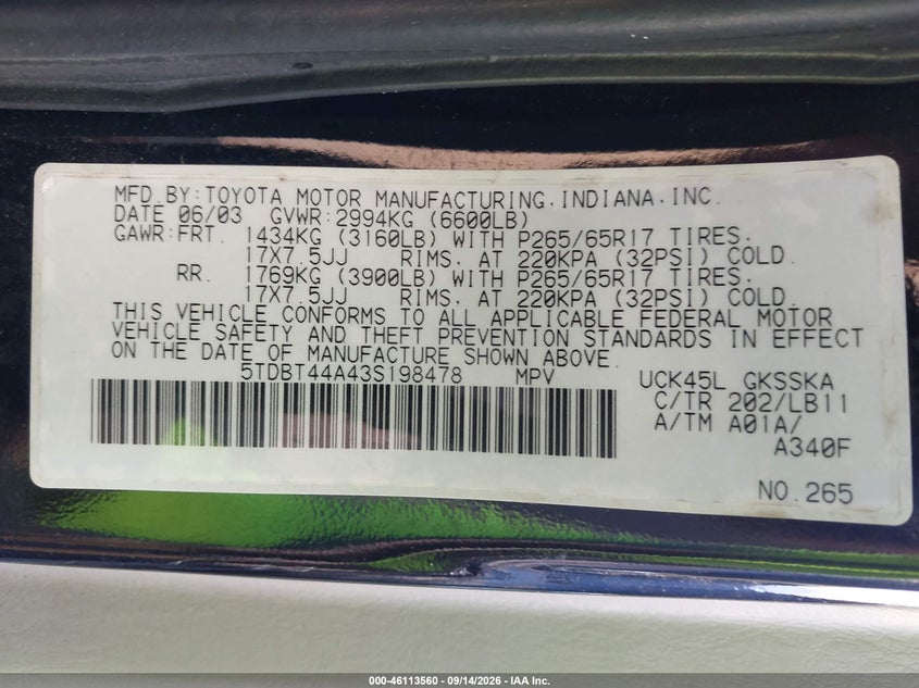 TOYOTA SEQUOIA 2003 VIN 5TDBT44A43S198478