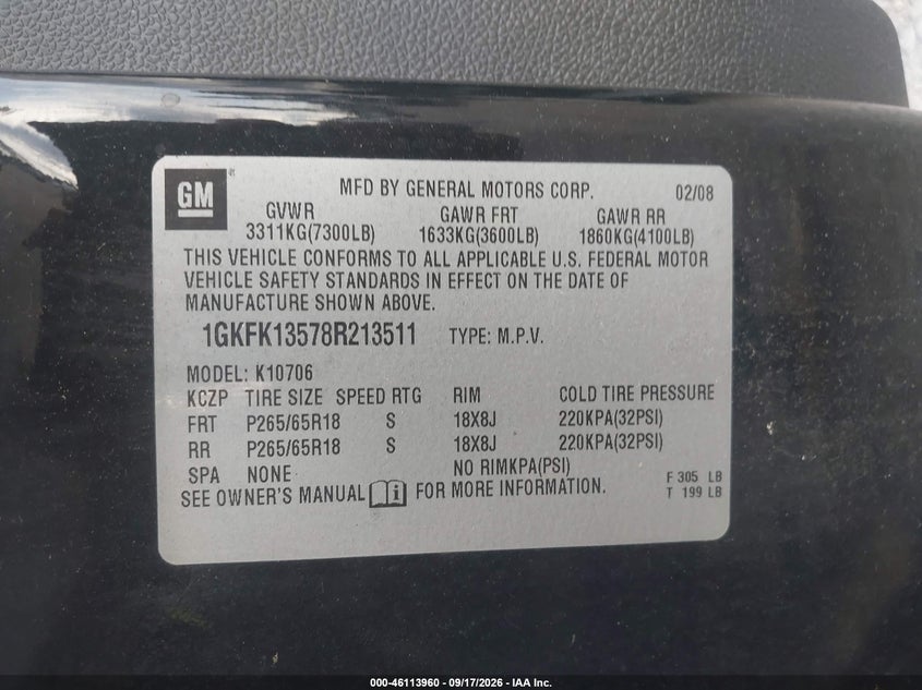 GMC YUKON HYBRID 2008 VIN 1GKFK13578R213511