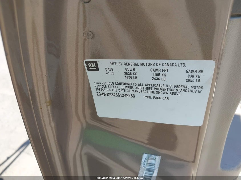 BUICK LACROSSE 2006 VIN 2G4WD582361248253