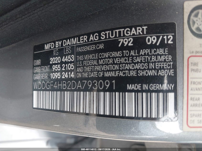 Vin: wddgf4hb2da793091, lot: 46613729, mercedes-benz c 250 sport 20134