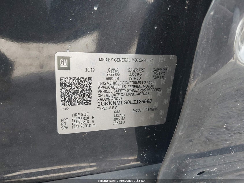GMC ACADIA 2020 VIN 1GKKNMLS0LZ126698