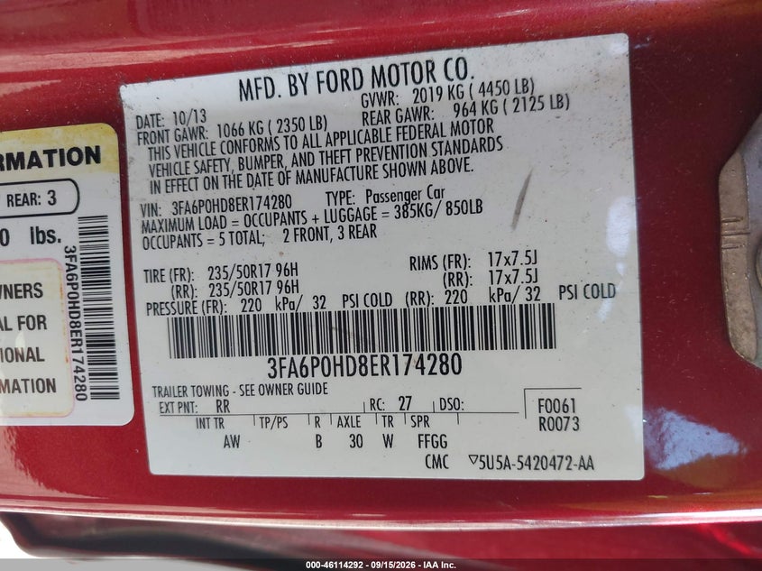 FORD FUSION 2014 VIN 3FA6P0HD8ER174280