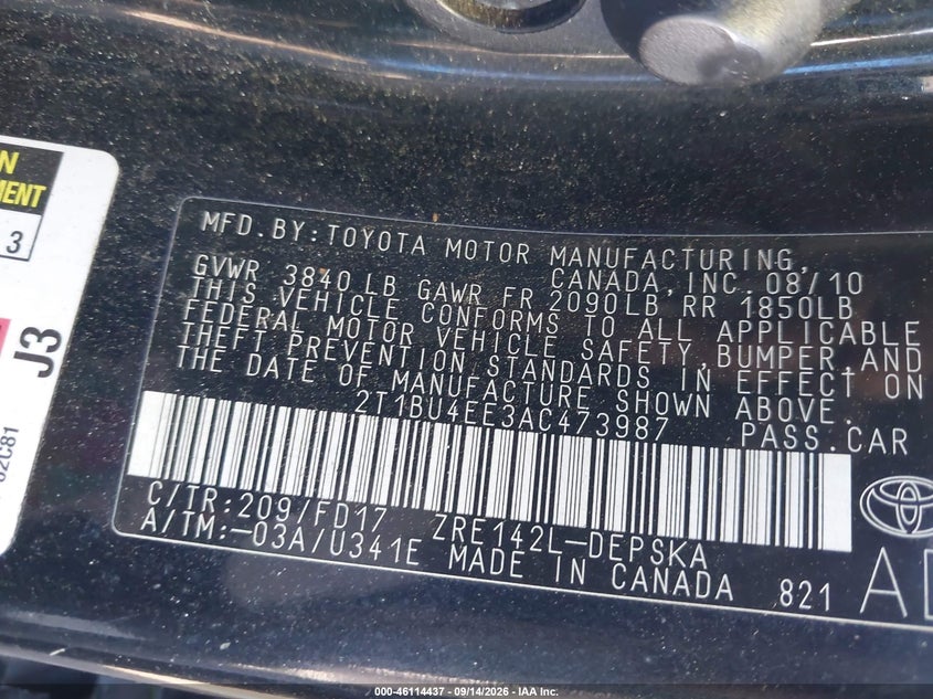 TOYOTA COROLLA 2010 VIN 2T1BU4EE3AC473987