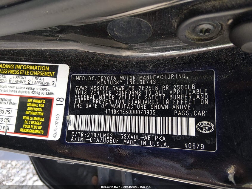 TOYOTA AVALON 2013 VIN 4T1BK1EB0DU070935
