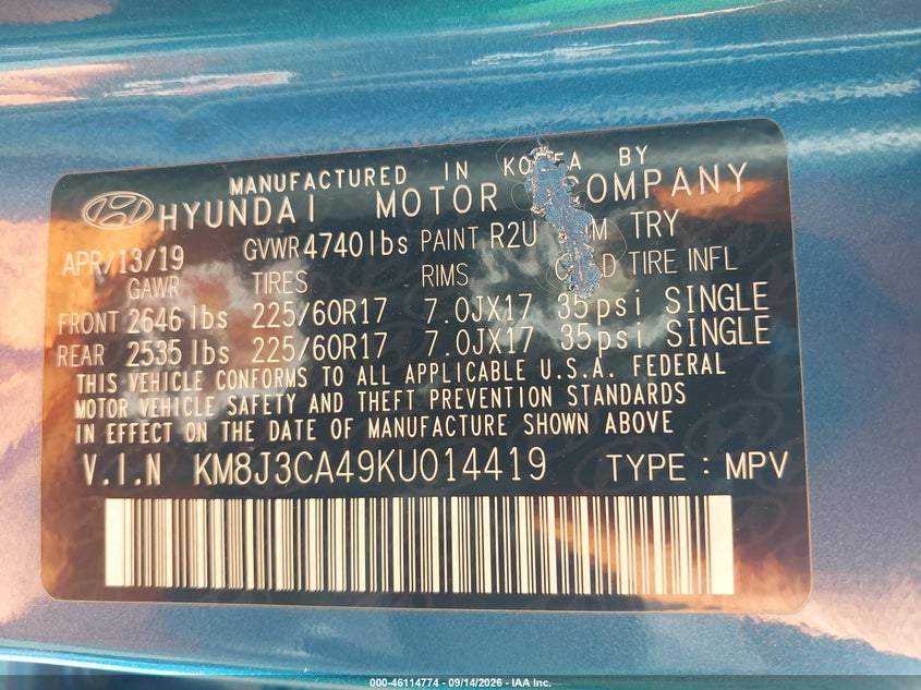 HYUNDAI TUCSON 2019 VIN KM8J3CA49KU014419