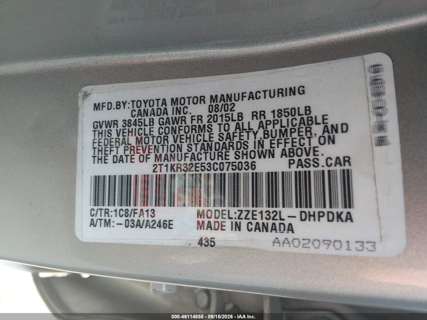 TOYOTA MATRIX 2003 VIN 2T1KR32E53C075036