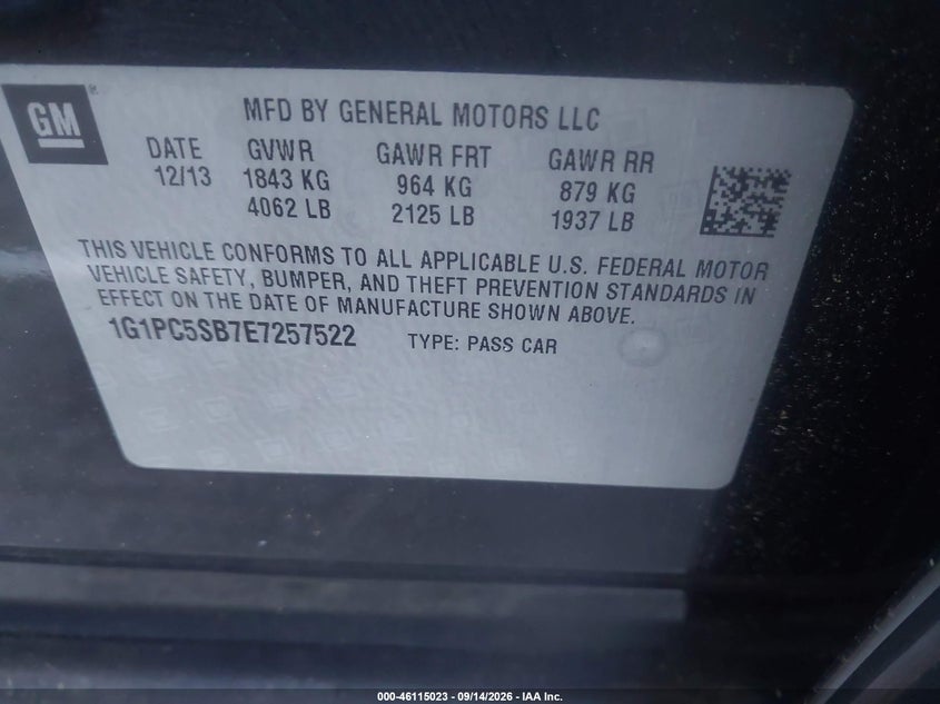 CHEVROLET CRUZE 2014 VIN 1G1PC5SB7E7257522