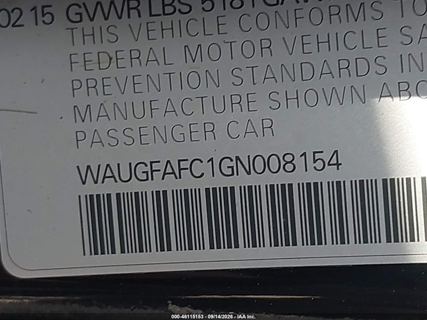 AUDI A6 2016 VIN WAUGFAFC1GN008154