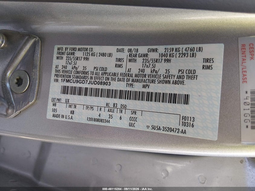 FORD ESCAPE 2018 VIN 1FMCU9GD7JUD08903