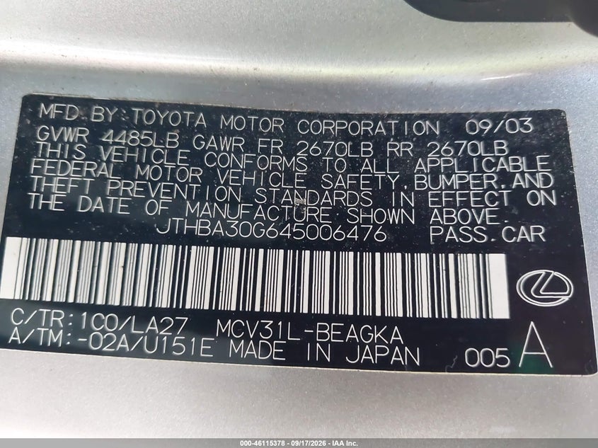 LEXUS ES 330 2004 VIN JTHBA30G645006476