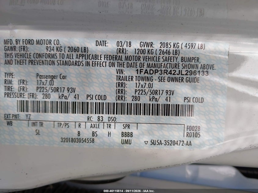 FORD FOCUS ELECTRIC 2018 VIN 1FADP3R42JL296133