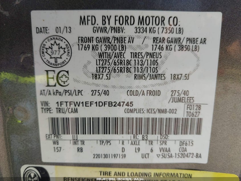 FORD F-150 2013 VIN 1FTFW1EF1DFB24745