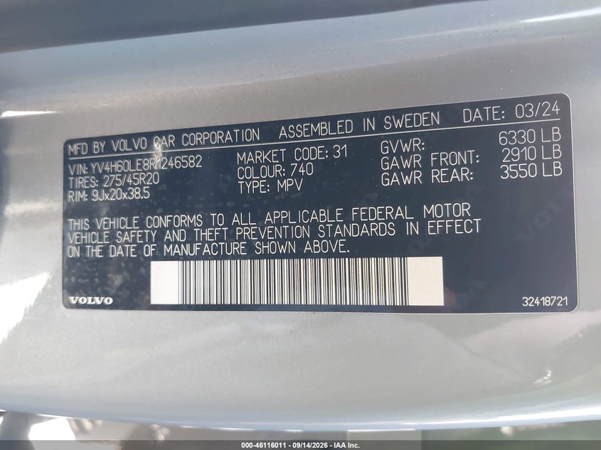 VOLVO XC90 RECHARGE PLUG-IN HYBRID 2024 VIN YV4H60LE8R1246582