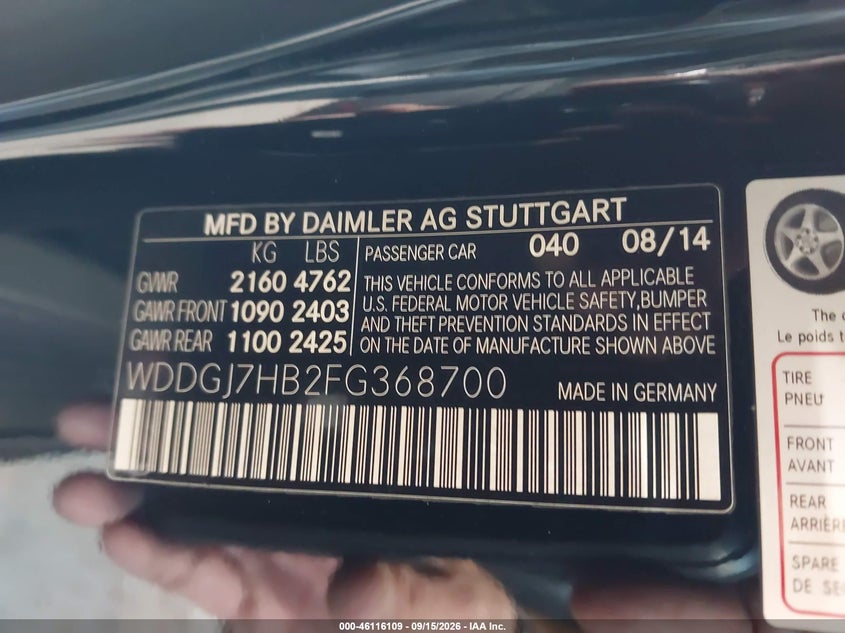 MERCEDES-BENZ C 63 AMG 2015 VIN WDDGJ7HB2FG368700