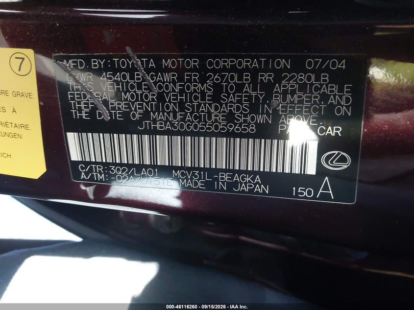 LEXUS ES 330 2005 VIN JTHBA30G055059658