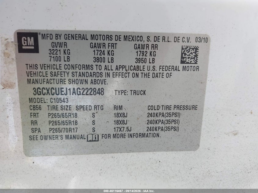 CHEVROLET SILVERADO 1500 HYBRID 2010 VIN 3GCXCUEJ1AG222848