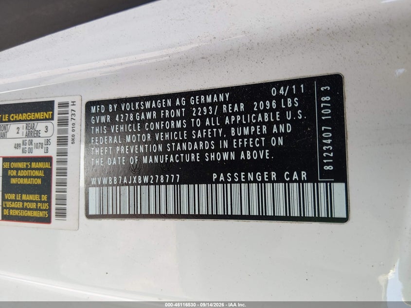 VOLKSWAGEN GOLF 2011 VIN WVWBB7AJXBW278777