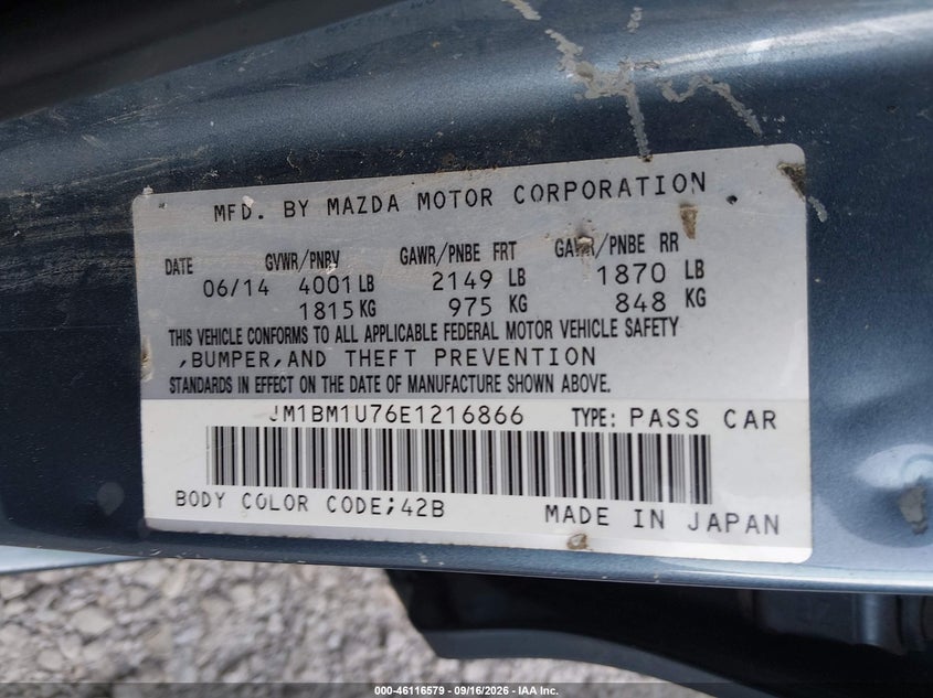 MAZDA MAZDA3 2014 VIN JM1BM1U76E1216866
