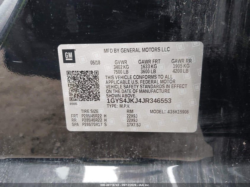 CADILLAC ESCALADE ESV 2018 VIN 1GYS4JKJ4JR346553