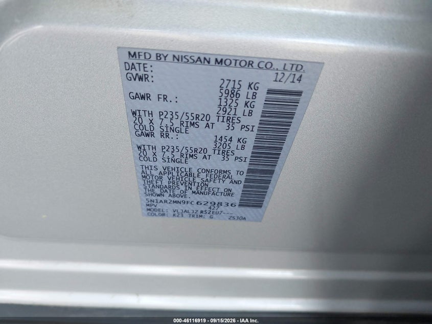 NISSAN PATHFINDER 2015 VIN 5N1AR2MN9FC629836