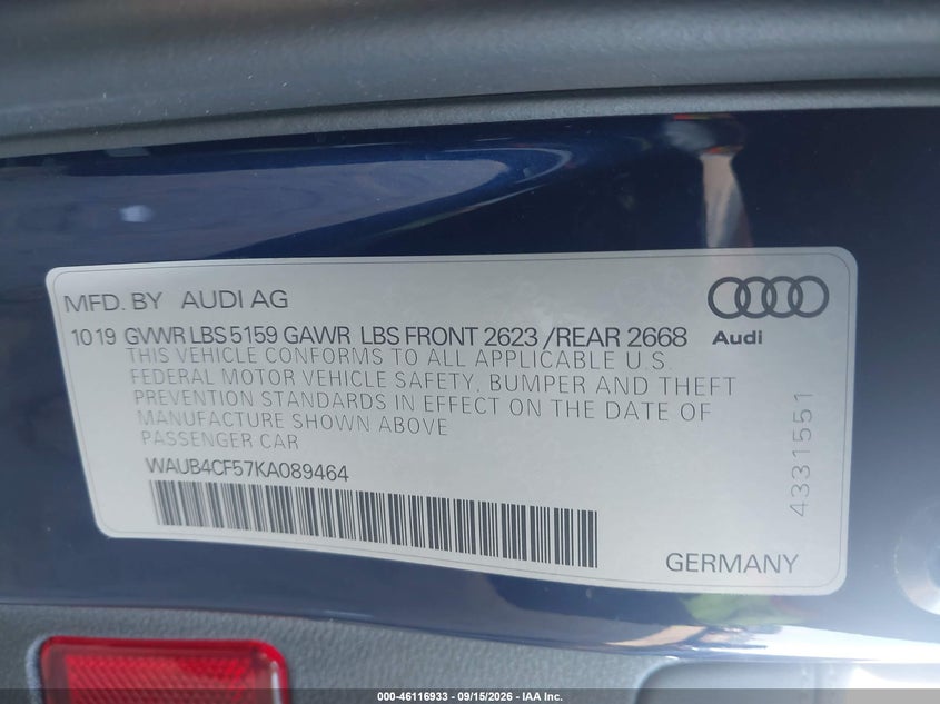 AUDI S5 2019 VIN WAUB4CF57KA089464