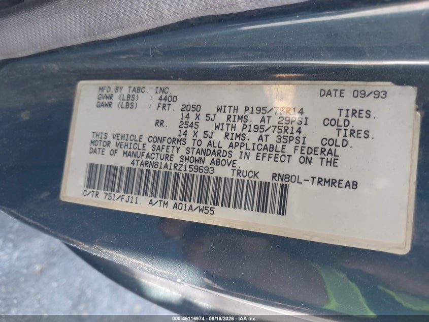 TOYOTA PICKUP 1994 VIN 4TARN81A1RZ159693