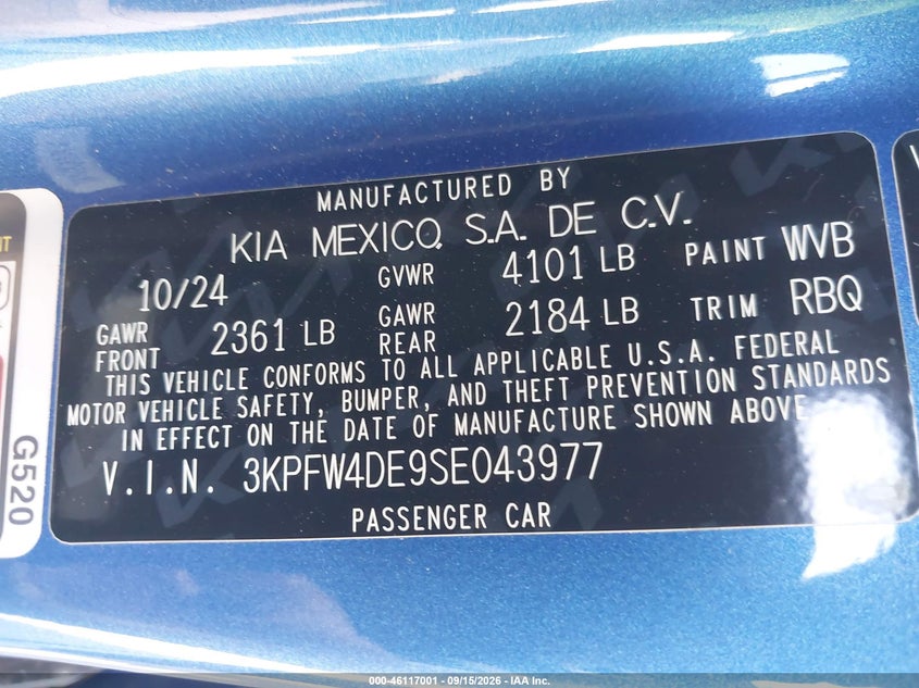 KIA K4 2025 VIN 3KPFW4DE9SE043977