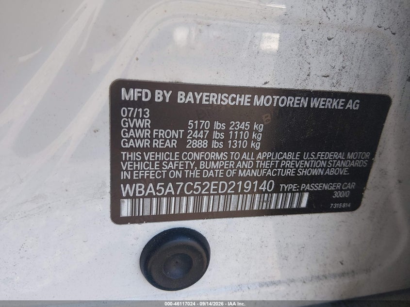 BMW 528I 2014 VIN WBA5A7C52ED219140